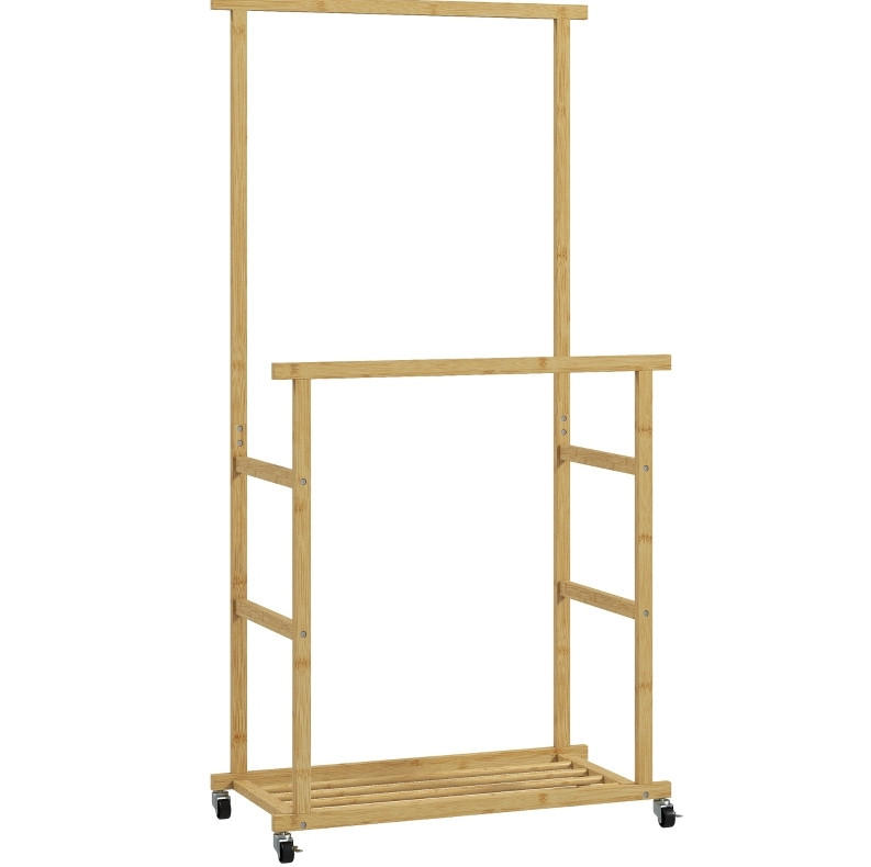 GARDEROBENSTÄNDER 80/40/160 cm aus Bambus mit 2 Kleiderstangen und Schuhablage - Naturfarben, Naturmaterialen (80/160/40cm) - BEAOK