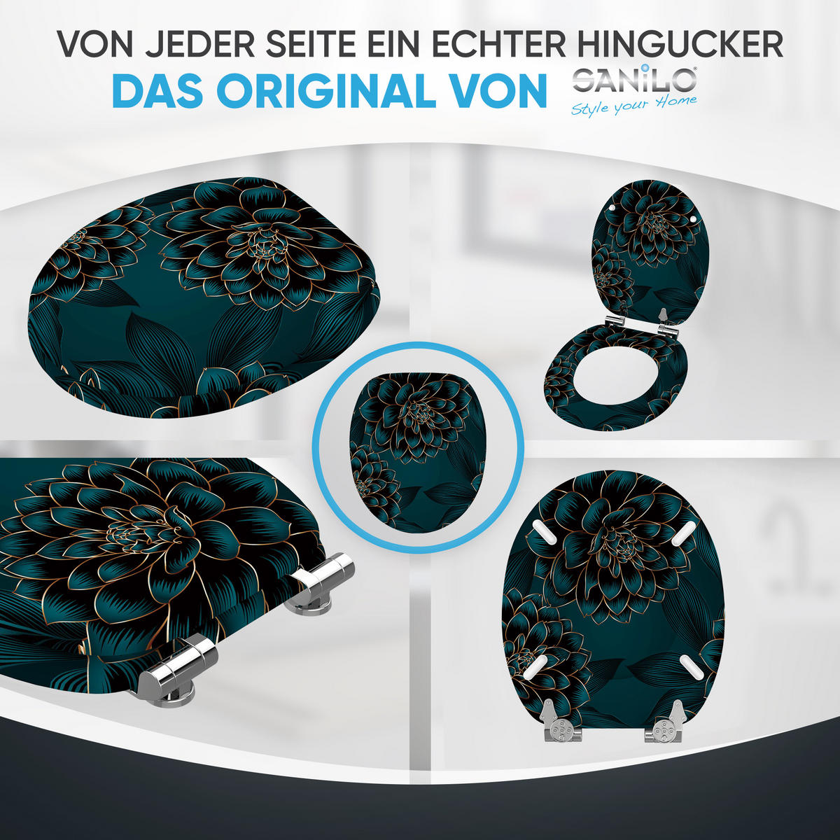 WC Sitz mit Absenkautomatik Dahlien - Blau, Holzwerkstoff (38/6/47cm) - Sanilo