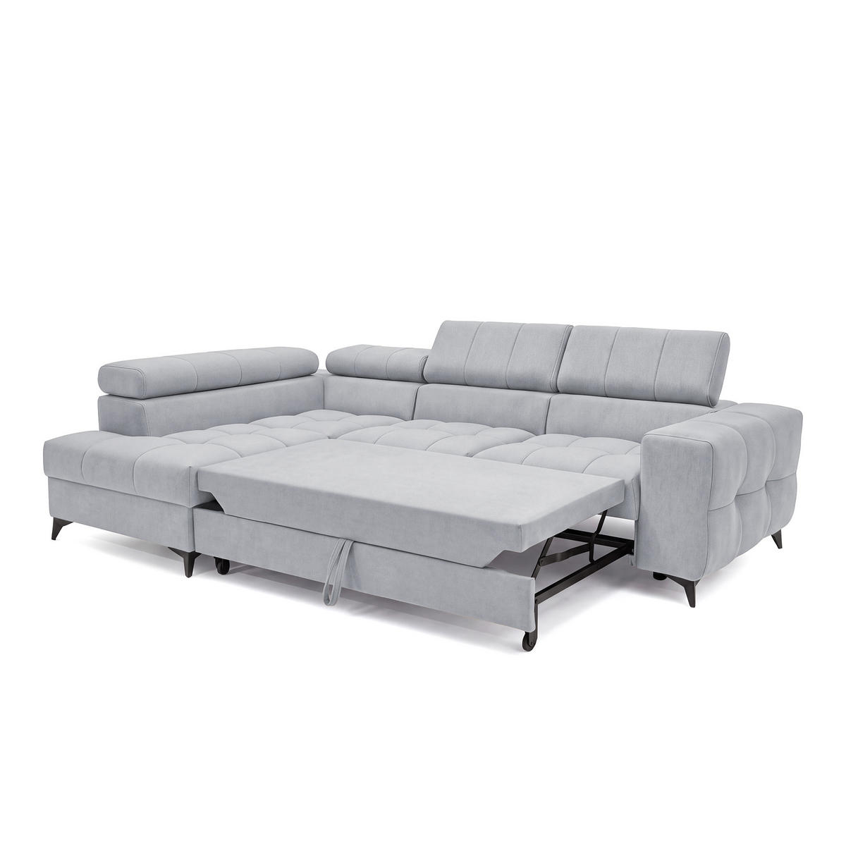ECKSOFA PUDDING S Links mit Schlaffunktion 125x195 Velours Hellgrau - Hellgrau/Schwarz, Holz/Textil (177/275cm) - Muffo