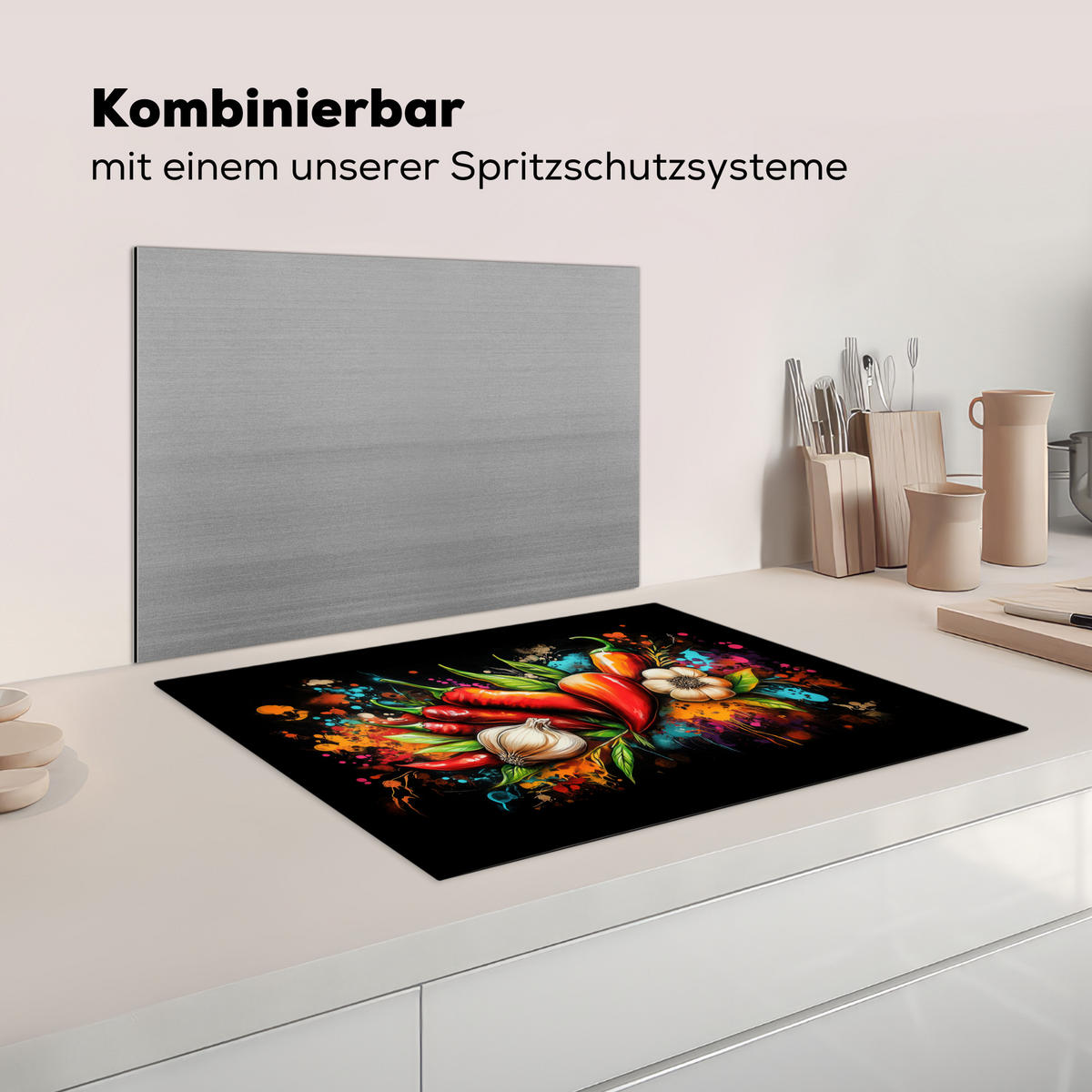HERDABDECKPLATTE Gemüse - Paprika - Knoblauch - Graffiti - Farbe - Bunt Induktionsmatte 71x52 cm - Rot, Kunststoff (71/52/0.2cm) - MuchoWow