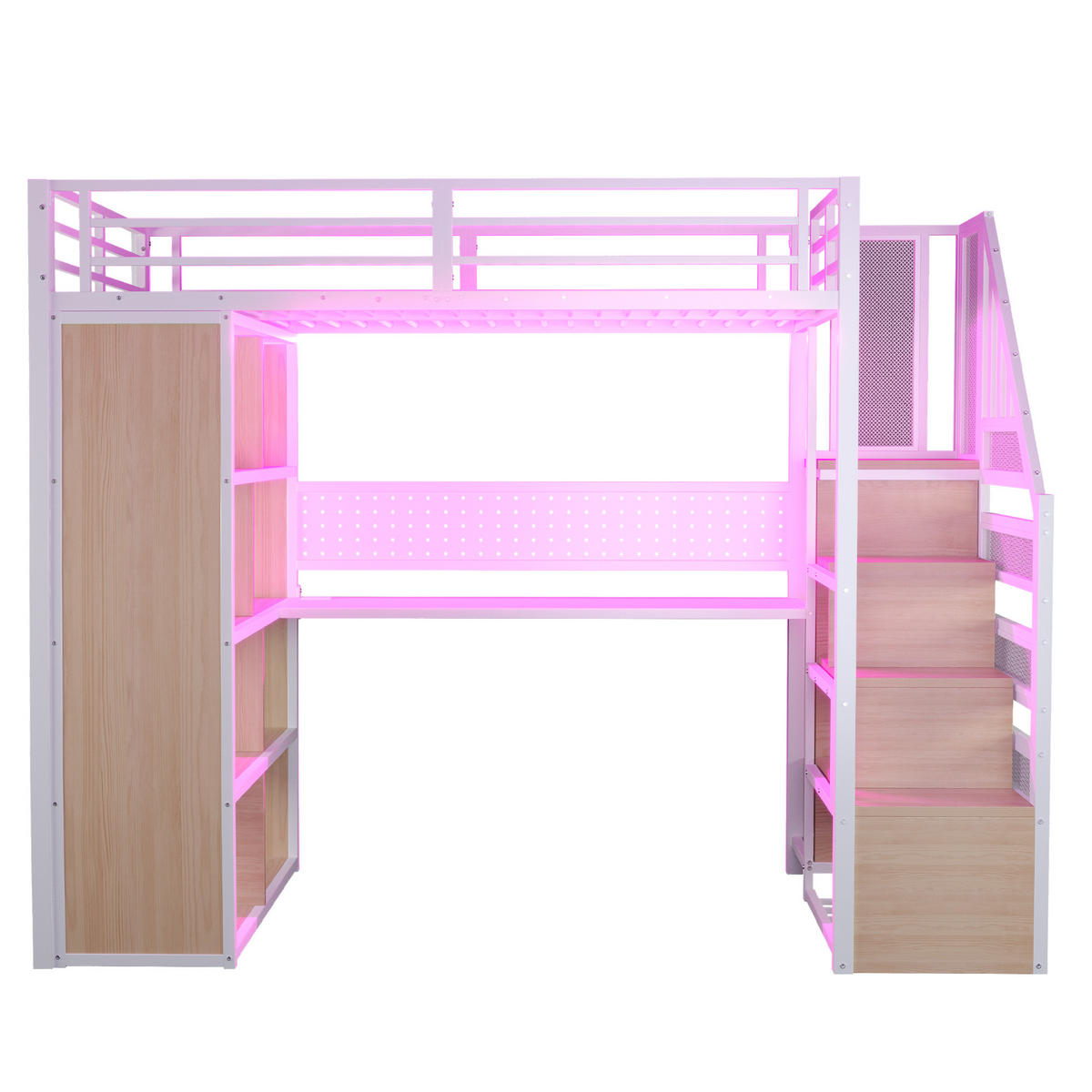 HOCHBETT 90/200 cm in Weiß mit Stauraumtreppe, Kleiderschrank, Schreibtisch und LED - Weiß, Holzwerkstoff/Metall (90/200cm) - STILVORA