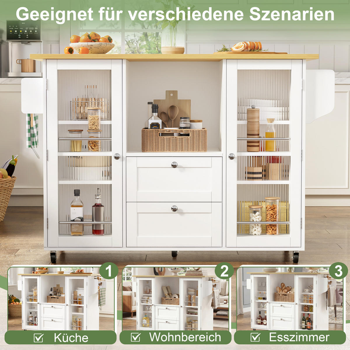 SERVIERWAGEN in Weiß Kücheninsel mit klappbarer Arbeitsplatte und Gewürzregal, L120 × T45 (70) × H92 cm - Weiß, Holzwerkstoff (137/92/70cm) - STILVORA