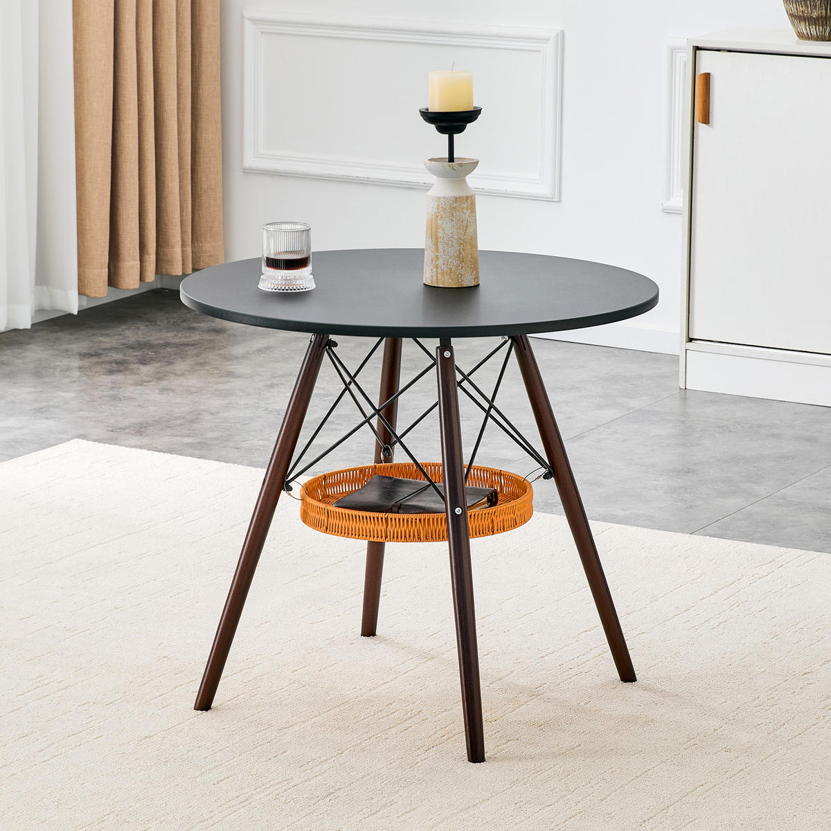 ESSTISCH in Eichefarben|Schwarz Küchentisch mit MDF-Tischplatte, Massivholzbeinen und geflochtener Ablage, B80/T80/H71.5cm - Eichefarben/Schwarz, Holzwerkstoff/Metall (80/80/71.5cm) - STILVORA