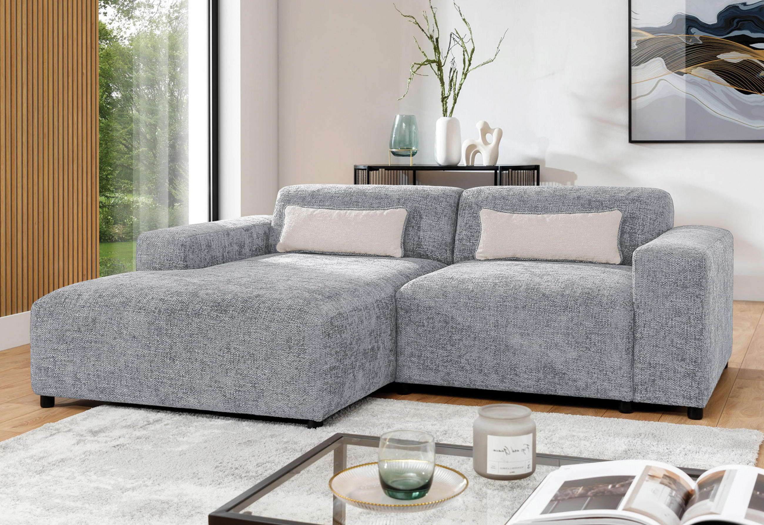 ECKSOFA L Form Jughlio Hellgrau 240/165/75 cm Links mit Schlaffunktion - Hellgrau/Schwarz, Kunststoff/Textil (165/240cm) - AX Living