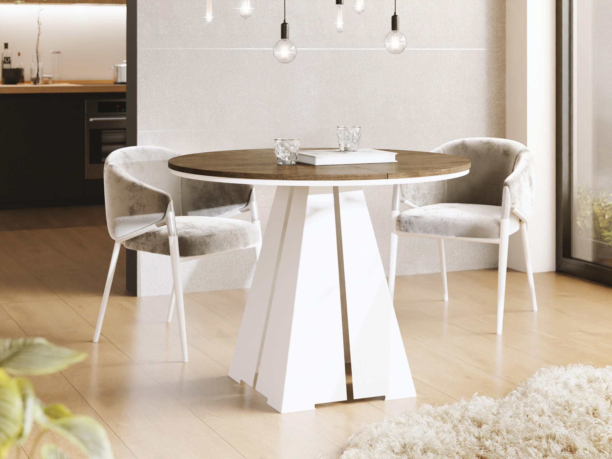 ESSTISCH Kova runder ausziehbarer, Lefkas Eiche 120-200/120/76 cm - Alteiche/Weiß, Holzwerkstoff/Metall (120/120/76cm) - WFL GROUP