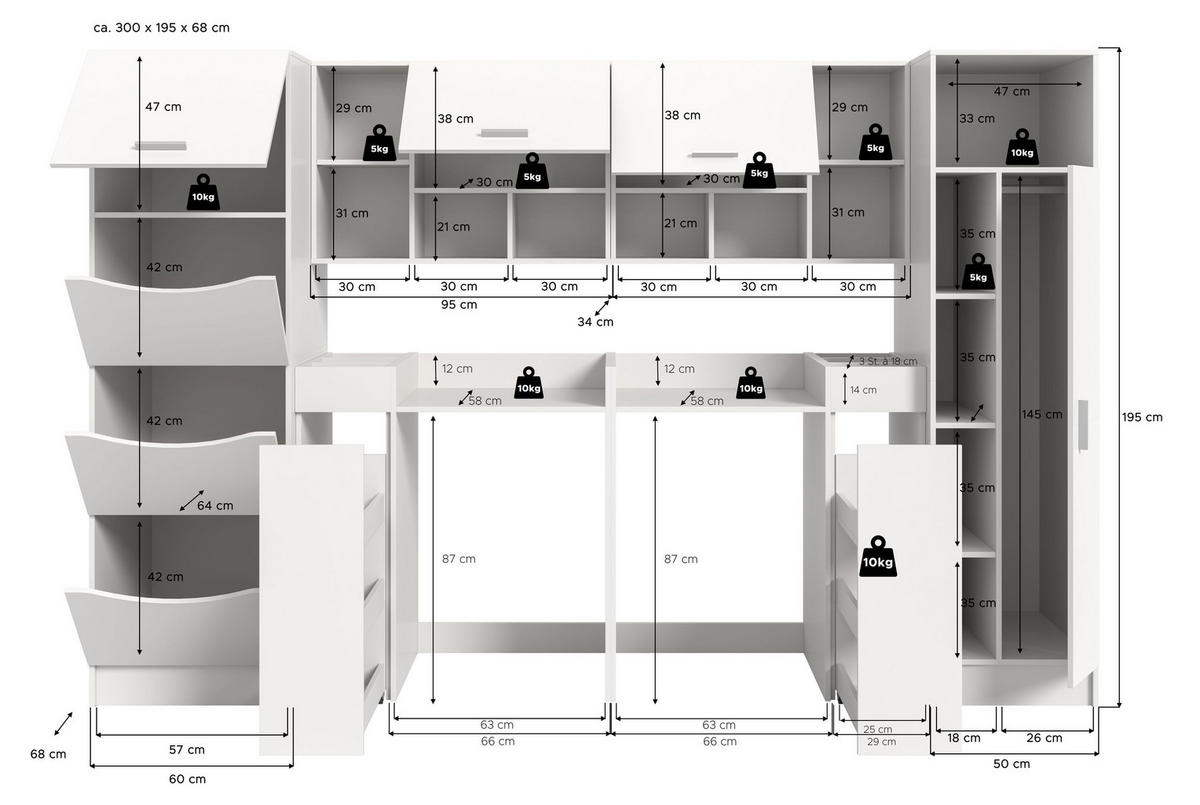 WASCHMASCHINENUMBAU 8tlg. Set Mixx Bad in weiß Nachbildung - modernes Design - B/H/T: 300x195x68 cm - Weiß, Holzwerkstoff (300/195/68cm) - Homes & Jones