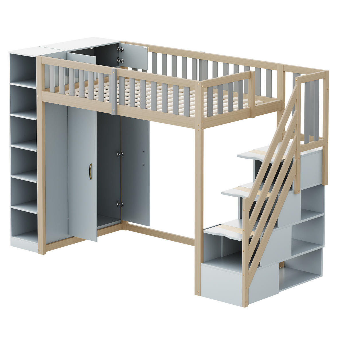 HOCHBETT 90/200 cm mit Kleiderschrank, Regalen und Stauraumleiter, Grau/Natur - Grau, Holzwerkstoff (90/200cm) - Redom