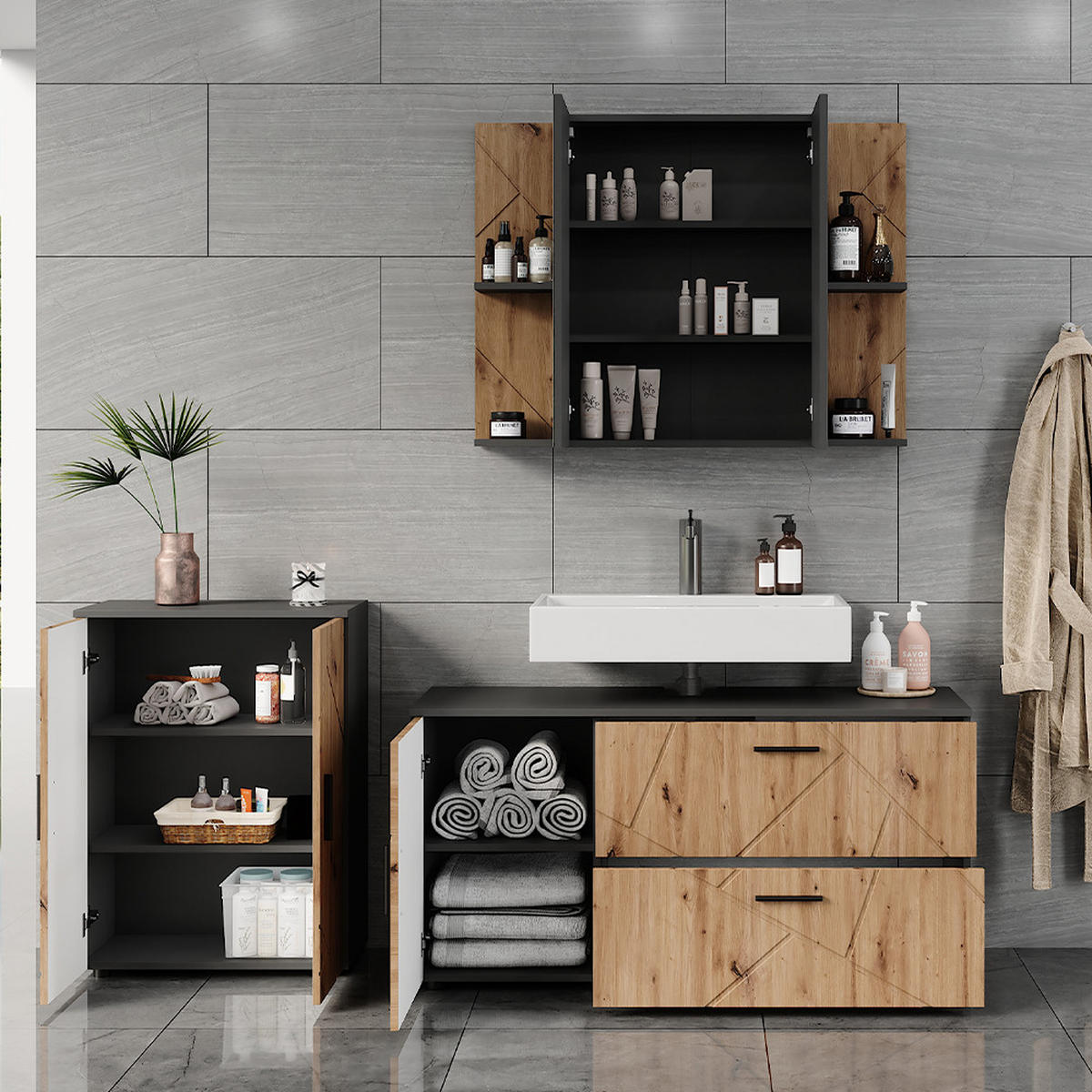 SADA KOUPELNOVÉHO NÁBYTKU Irma Antracit/Artisan - antracitová/dub artisan, kompozitní dřevo (120.1/60.6/41cm) - Vicco
