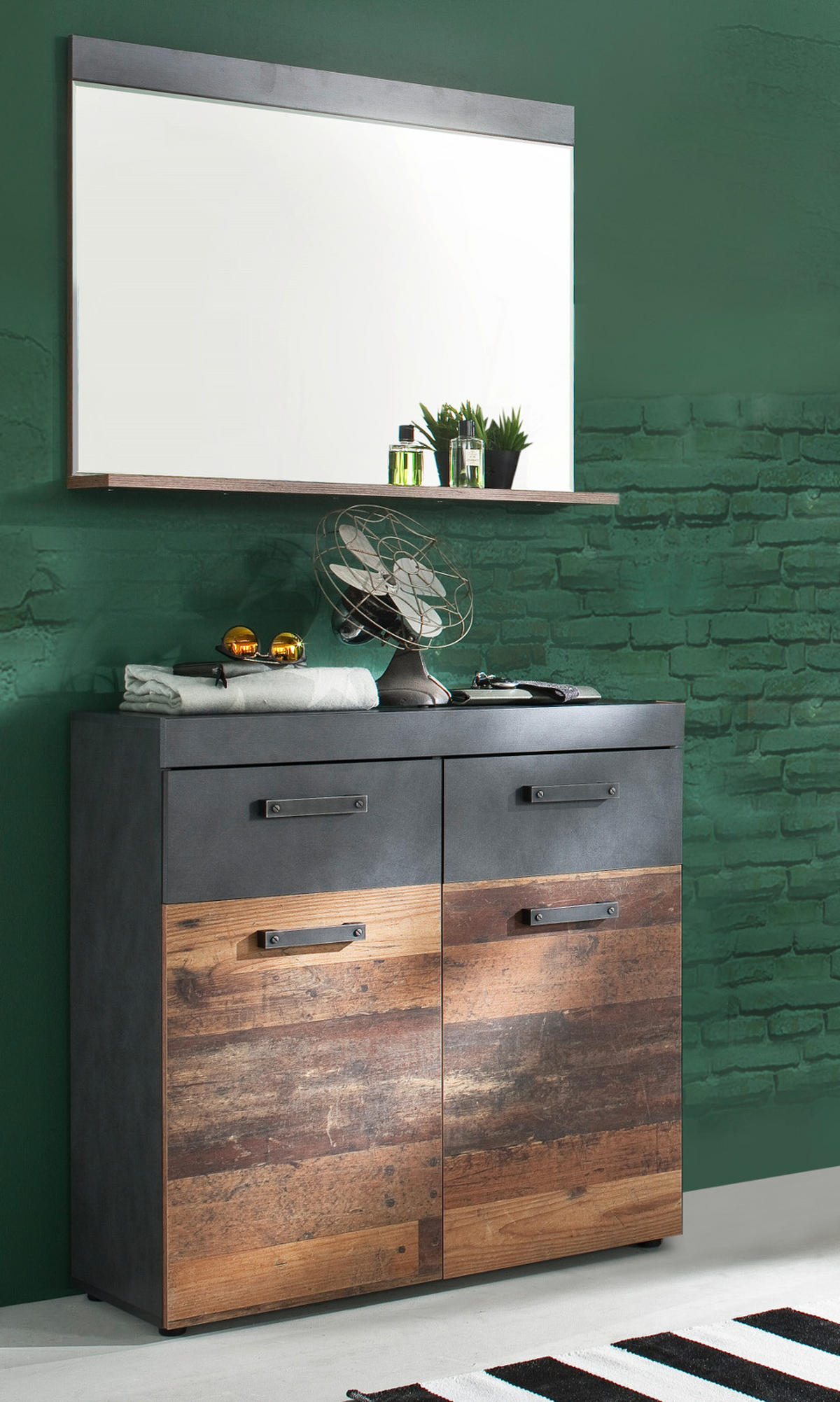 GARDEROBE Old Used Wood mit grau 2-teilig 90 x 192 cm, Set mit Spiegel - Silberfarben/Schwarz, Glas/Holzwerkstoff (90/192/34cm) - Top.Furn