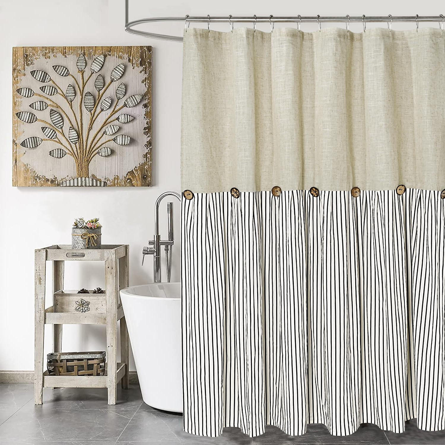 DUSCHVORHANG Schwarz Leinen Mischung gestreift maschinenwaschbar wasserdicht für Badezimmer Badewanne - Schwarz, Textil (183/183cm) - MCBOSON
