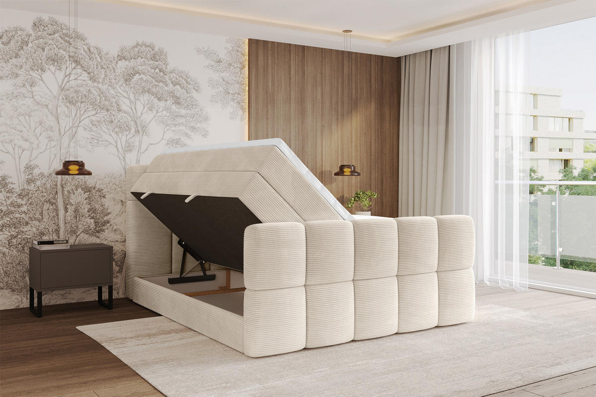 BOXBETT mit Matratze H3/H4 - FAMA-Z KING - 160x200 cm Beige Poso - Ecru, Holzwerkstoff (160/200cm) - ALTDECOR
