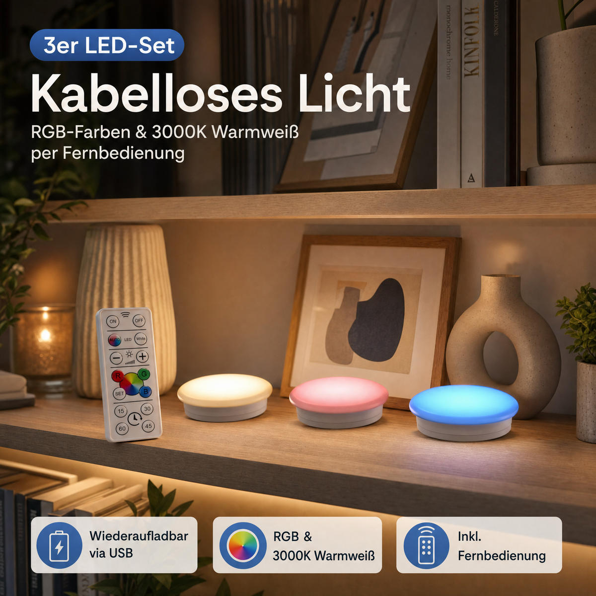 LED-SPOT-SET Northpoint 3er RGB & Warmweiß wiederaufladbar dimmbar mit Fernbedienung & Timer - Weiß, Kunststoff (3.6/7.8/7.8cm) - Northpoint