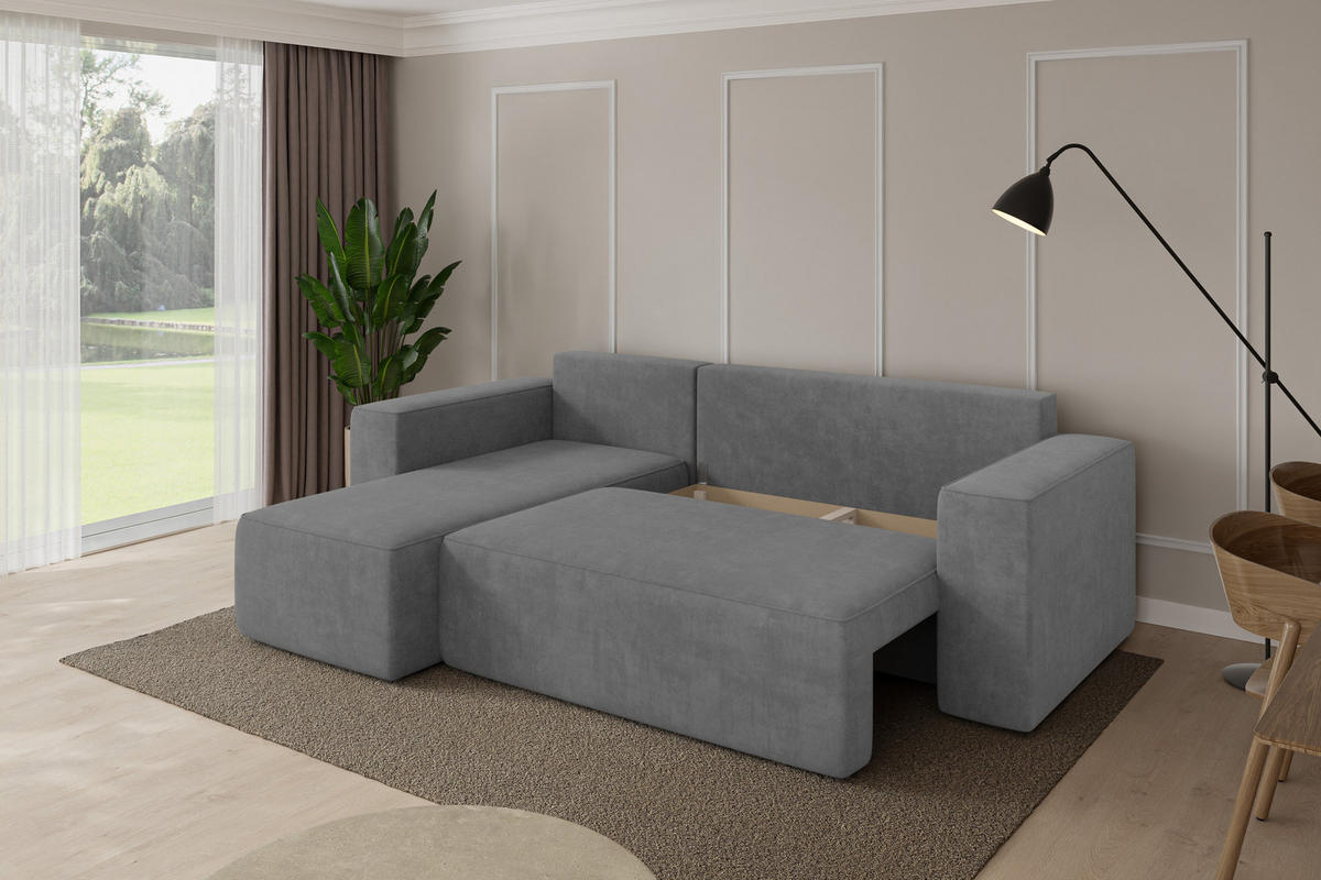 ROHOVÁ SEDAČKA s funkcí spaní, otoman vlevo SENO-L 249x139x85 šedá velur - černá/šedohnědá, kompozitní dřevo/textil (249/139cm) - ALTDECOR