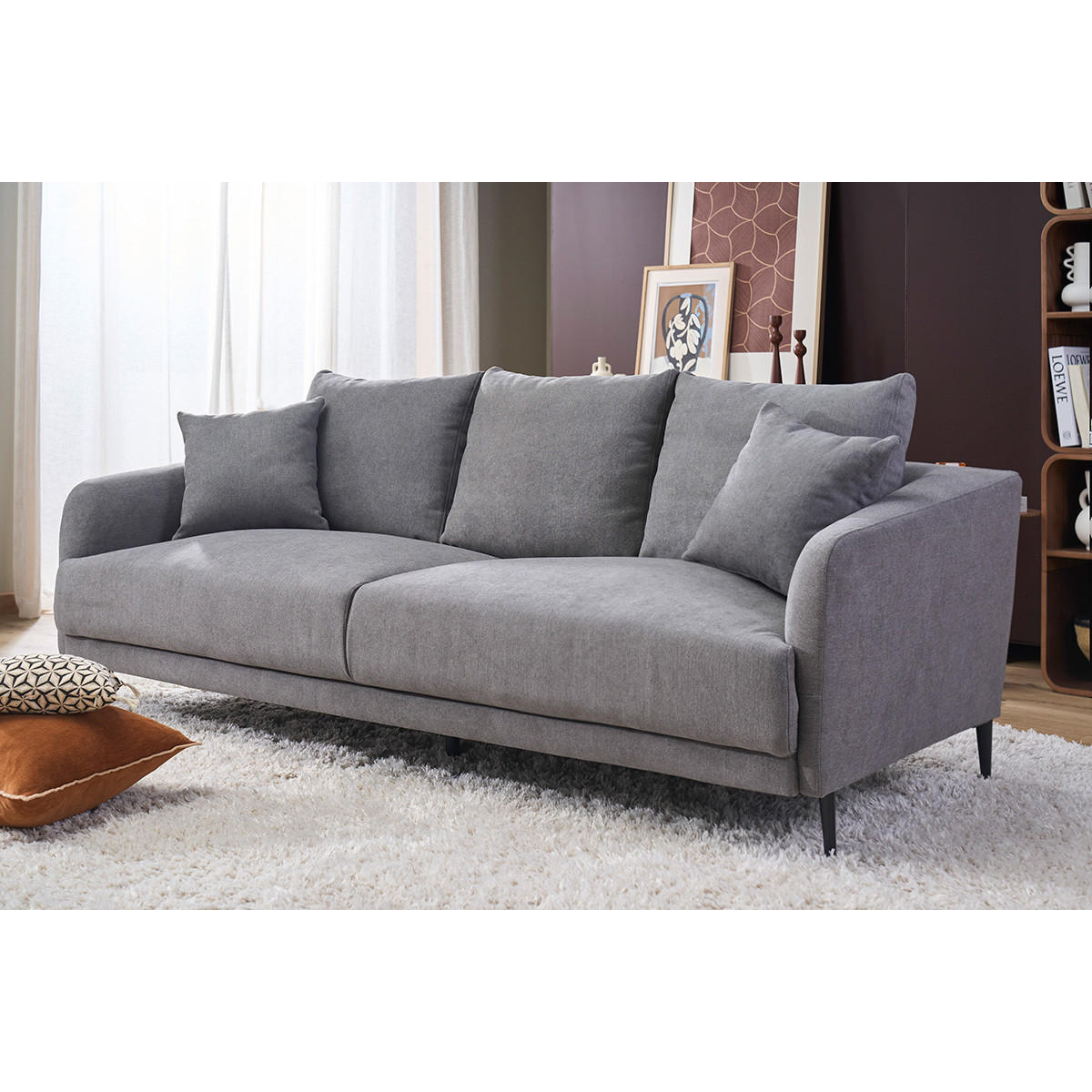 SOFA 3-Sitzer Grauer Stoff Samtdesign Schwarzes Metall JERRY - Hellgrau, Textil (93/84/209cm) - Miliboo