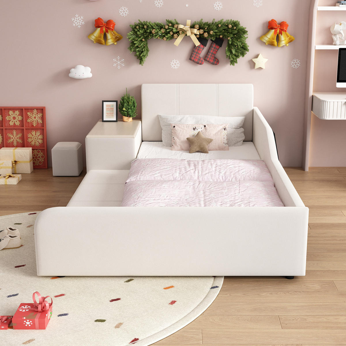 KINDERBETT 90/200 cm in Weiß Samt mit Schreibtisch, Hocker und Ablageboden - Weiß, Holzwerkstoff/Textil (90/200cm) - WISHDOR