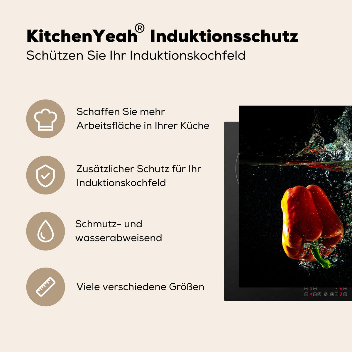 HERDABDECKPLATTE Paprika - Gemüse - Wasser - Schwarz - Rot - Grün - Gelb Ceranfeldabdeckung 80x52 cm - Multicolor, Kunststoff (80/52/0.2cm) - MuchoWow