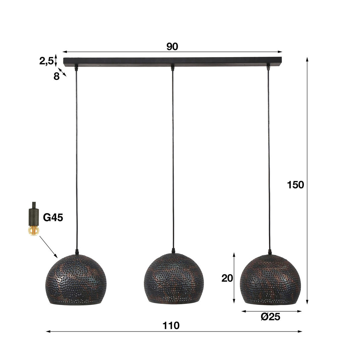 HÄNGELEUCHTE Dor Schwarz 56/60/80 cm - Schwarz, Metall (56/60/80cm) - Hoyz Collection