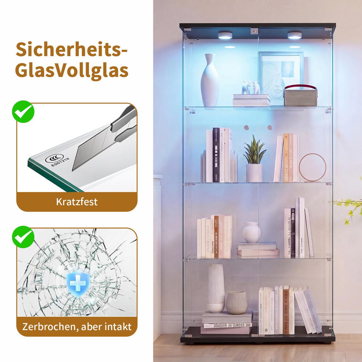 GLASVITRINE LED Schwarz mit 2 Tür 4 Etagen mit Schloss,80.49x36.49x163.9cm - Schwarz, Glas (36.49/163.9/80.49cm) - BPKADHY