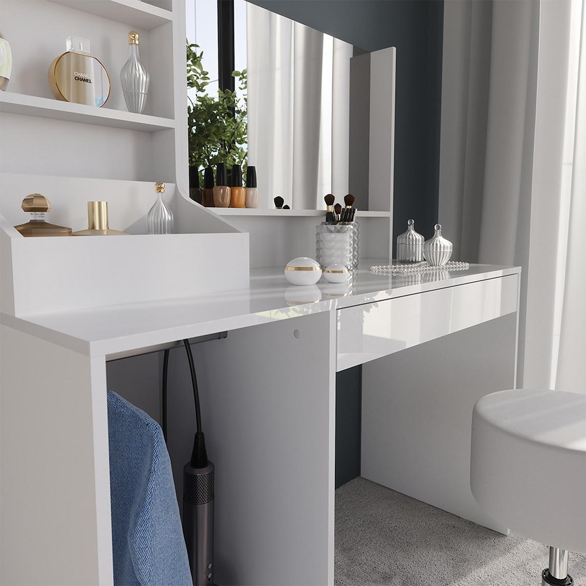 SCHMINKTISCH Sherry Weiß/Weiß Hochglanz 119.8 cm 4 Teile - Weiß Hochglanz, Holzwerkstoff (119.8/76/50.1cm) - Vicco