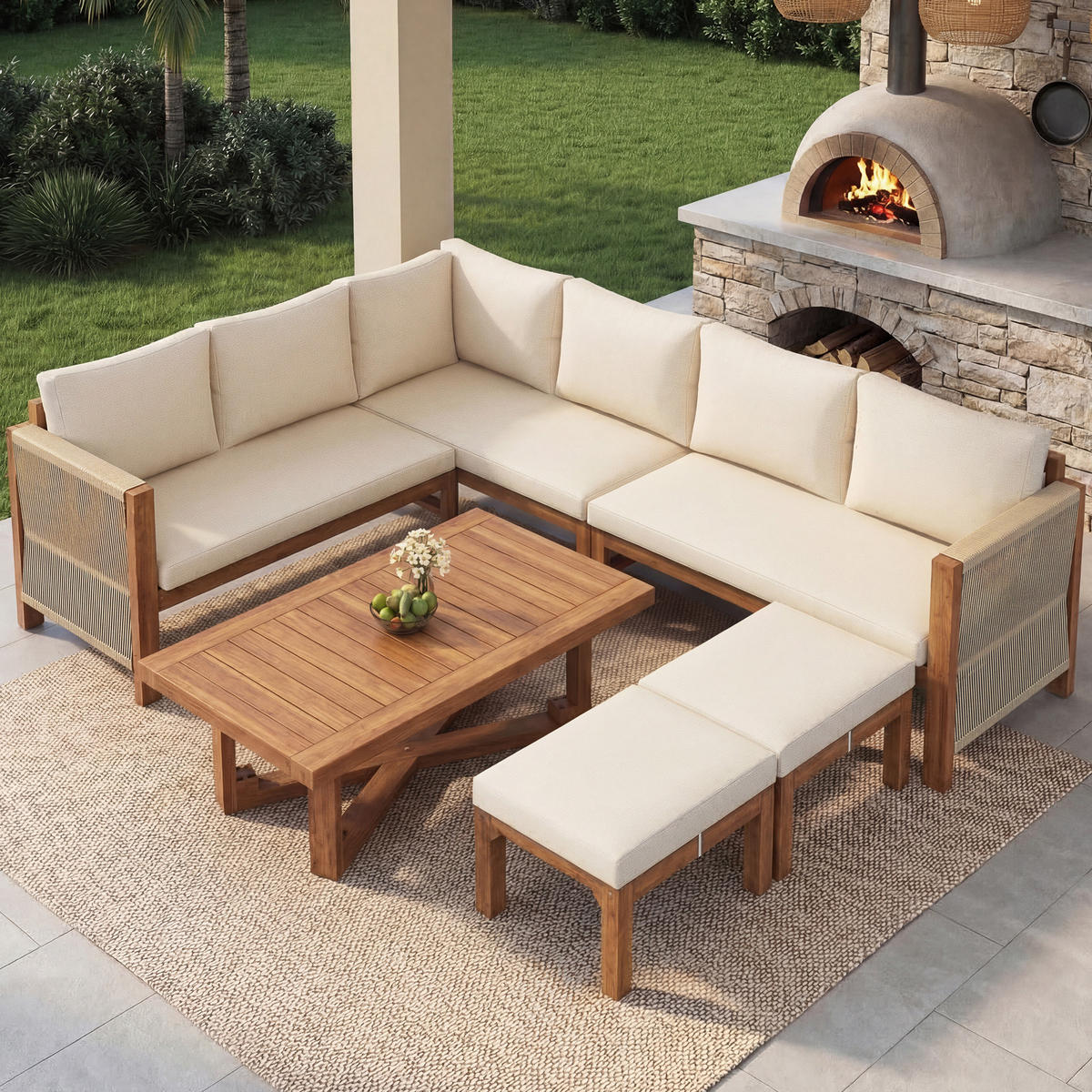 LOUNGESET 227/175/67 cm beige aus Akazienholz modular mit Kissen - Beige, Holzwerkstoff - OKWISH
