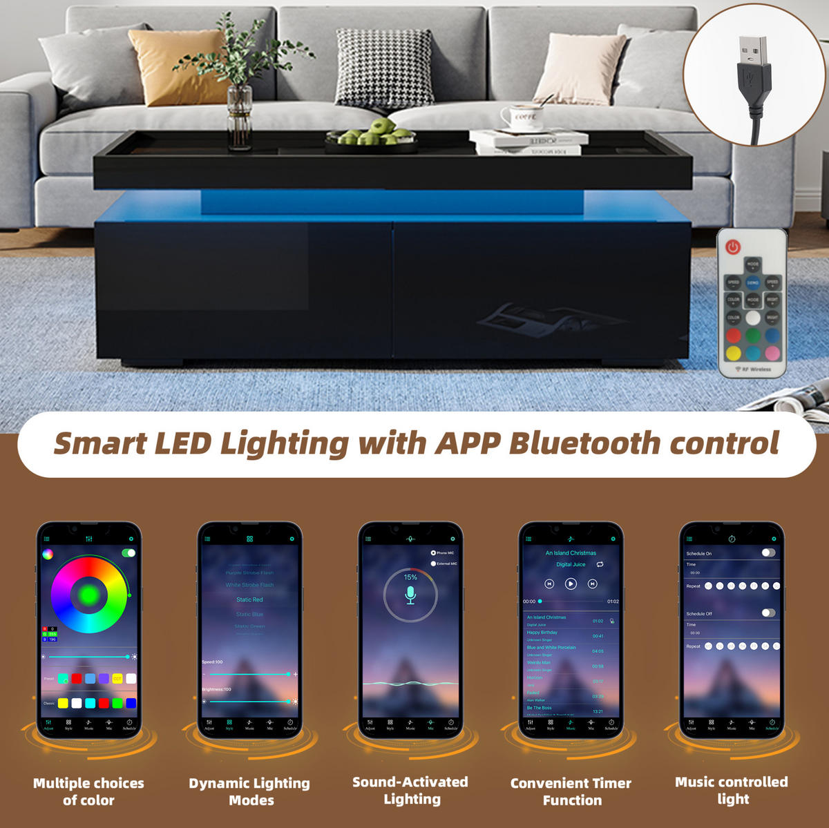COUCHTISCH 95/45/35 cm in Schwarz aus Spanplatte mit LED und 2 Schubladen - Schwarz, Holzwerkstoff (95/45/35cm) - OKMYHOME