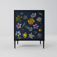 SIDEBOARD FLOWERS ON NAVY BLUE, Schwarz, 57,5x42x72,5 cm, Schwarze Metallfüße - Multicolor/Schwarz, Holzwerkstoff/Metall (57.5/72.5/42cm) - SpaceRebels