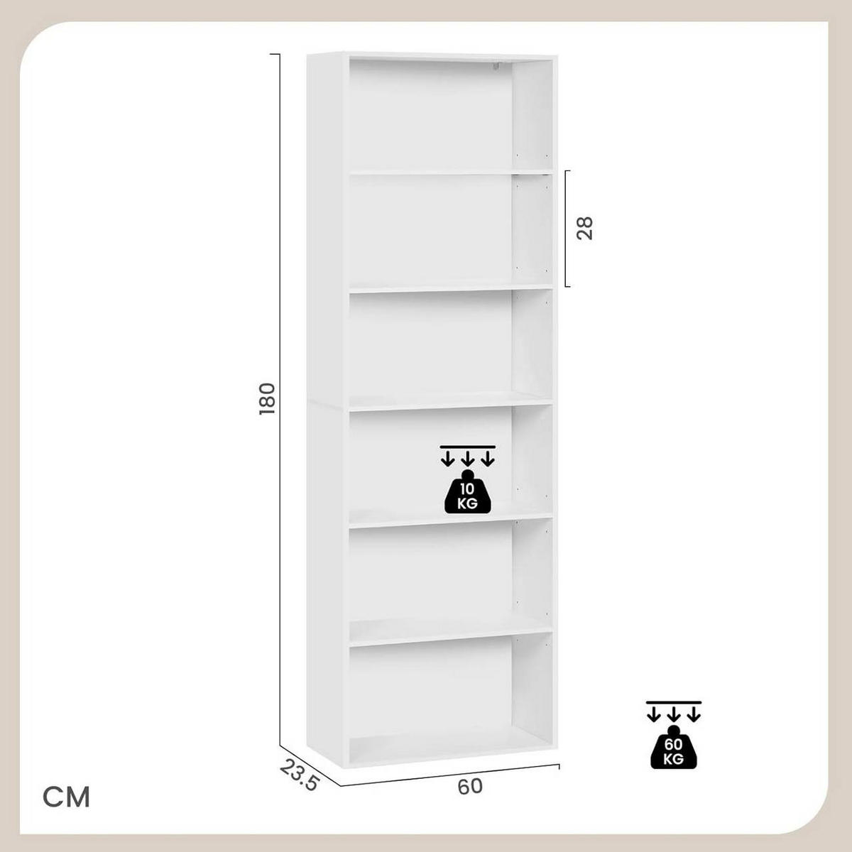 REGALE Bücherregal mit 6 verstellbaren Ebenen, Weiß - Weiß, Holzwerkstoff (60/180/23.5cm) - Woltu
