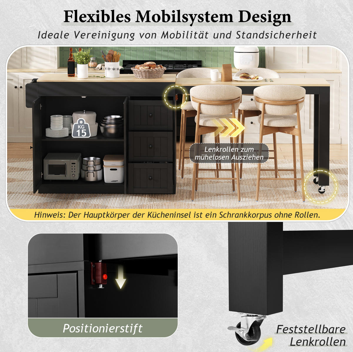 KÜCHENINSEL 112/45/93 cm Schwarz aus MDF mit ausziehbarer Arbeitsplatte - Schwarz, Holzwerkstoff (45/93/130cm) - OKMYHOME