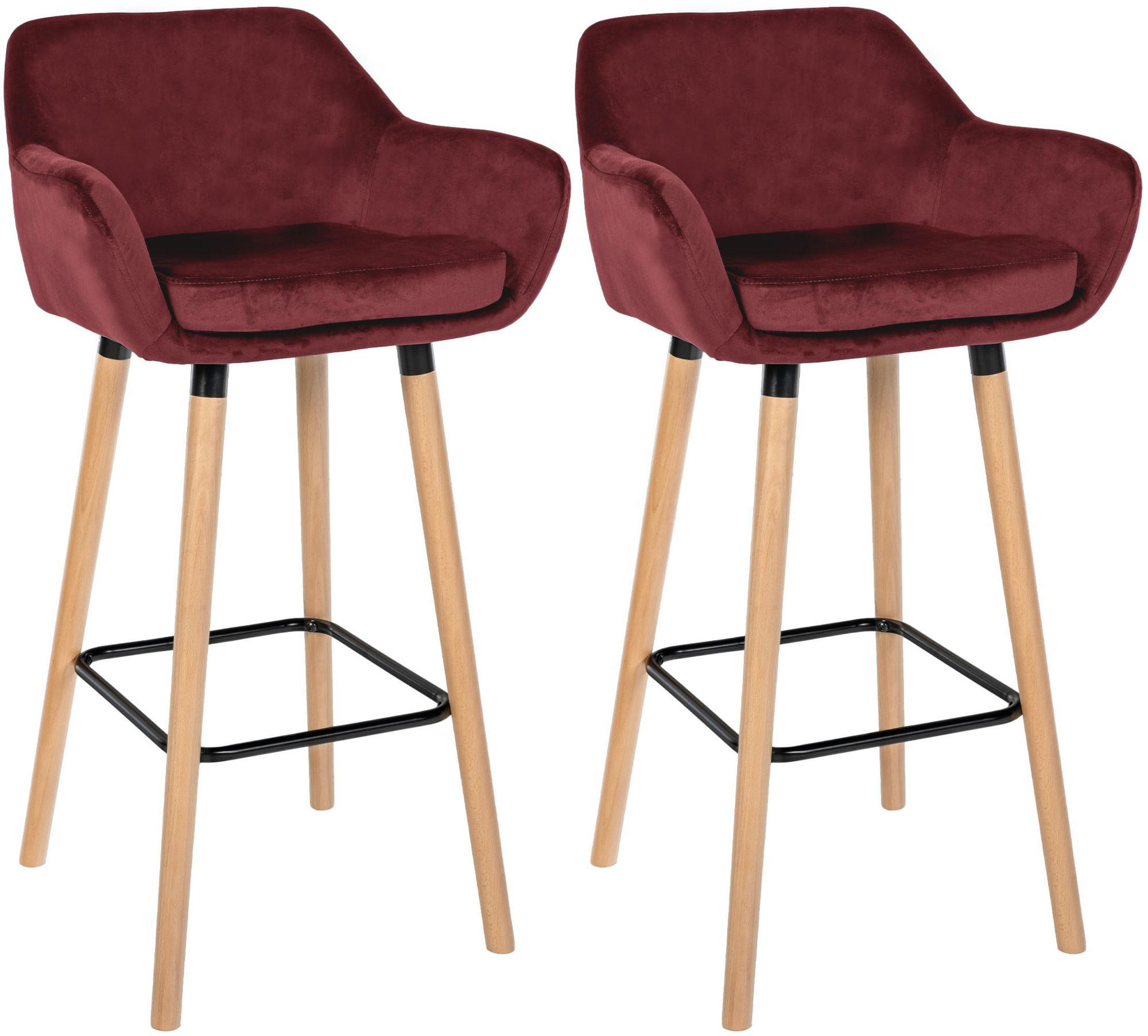 BARHOCKER 2er Set Samt rot - Eukalyptusholzfarben/Rot, Holz/Textil (51/101/50cm) - CLP