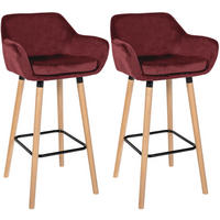 BARHOCKER 2er Set Samt rot - Eukalyptusholzfarben/Rot, Holz/Textil (51/101/50cm) - CLP