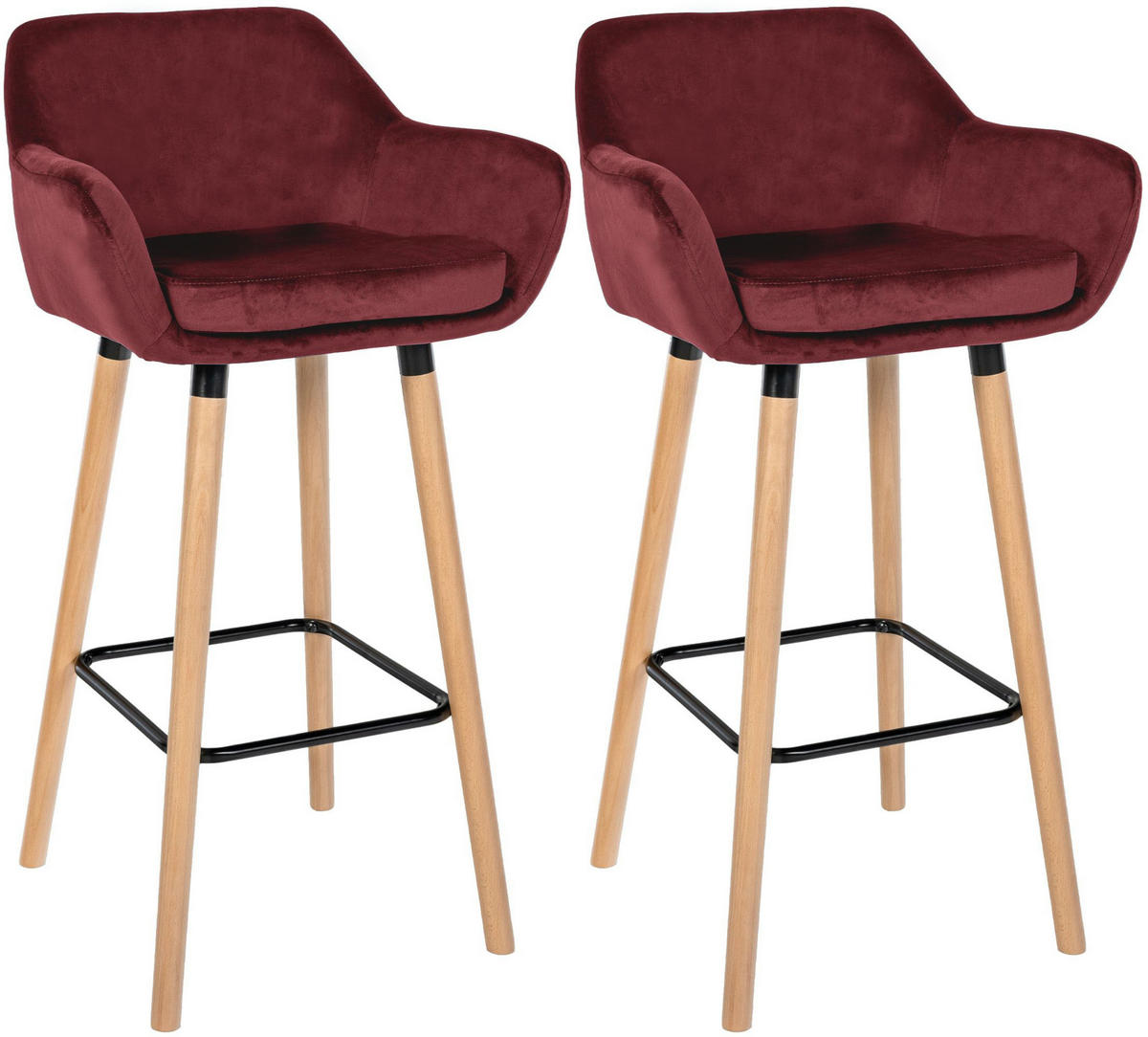 BARHOCKER 2er Set Samt rot - Eukalyptusholzfarben/Rot, Holz/Textil (51/101/50cm) - CLP