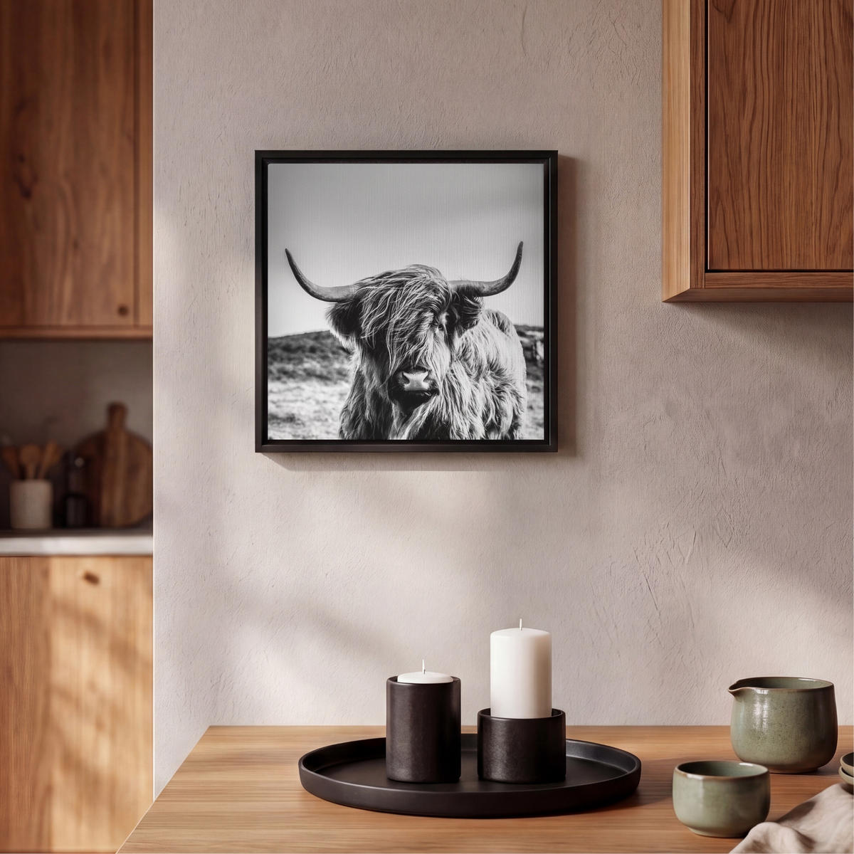 LEINWAND Bilder mit Rahmen - Kuh - Schottischer Hochländer - Schwarz - Weiß - Tier - Natur - Wildtiere - 20x20 - Schwarz, Textil (20/20cm) - MuchoWow