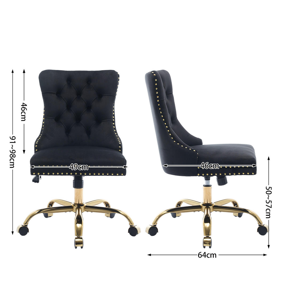 BÜROSTUHL Samt Schwarz mit goldfarbenem Metallgestell - Schwarz, Metall (50/98/63cm) - Meubliv