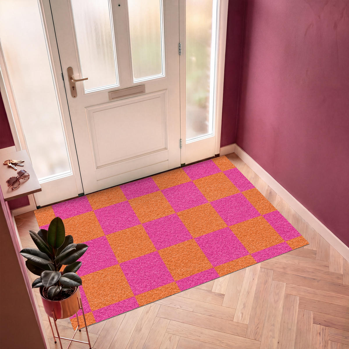 FUSSMATTE Schachbrettmuster - Orange - Rosa - Blöcke Schmutzfangmatte 180x120 cm - Pink, Kunststoff (180/120cm) - MuchoWow