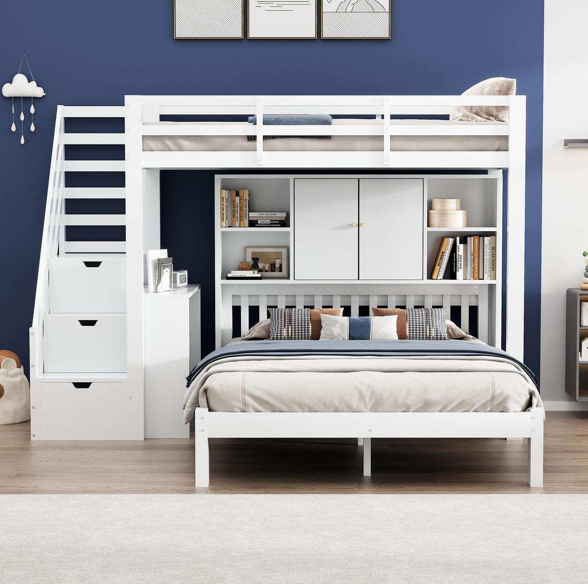 POSCHODOVÁ posteľ 90/200 a 140/200 cm biela s úložnými schodmi a stolíkom z masívneho dreva a MDF - biela, drevo (90/200cm) - OKWISH