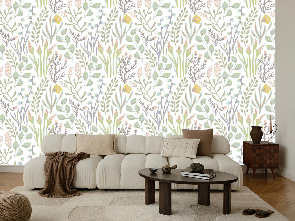 VLIESTAPETE Wiesenblumen und Kräuter – Grün, Beige, Weiß – 50x1000 cm - Beige/Weiß, Papier (50/1000cm) - Muralo