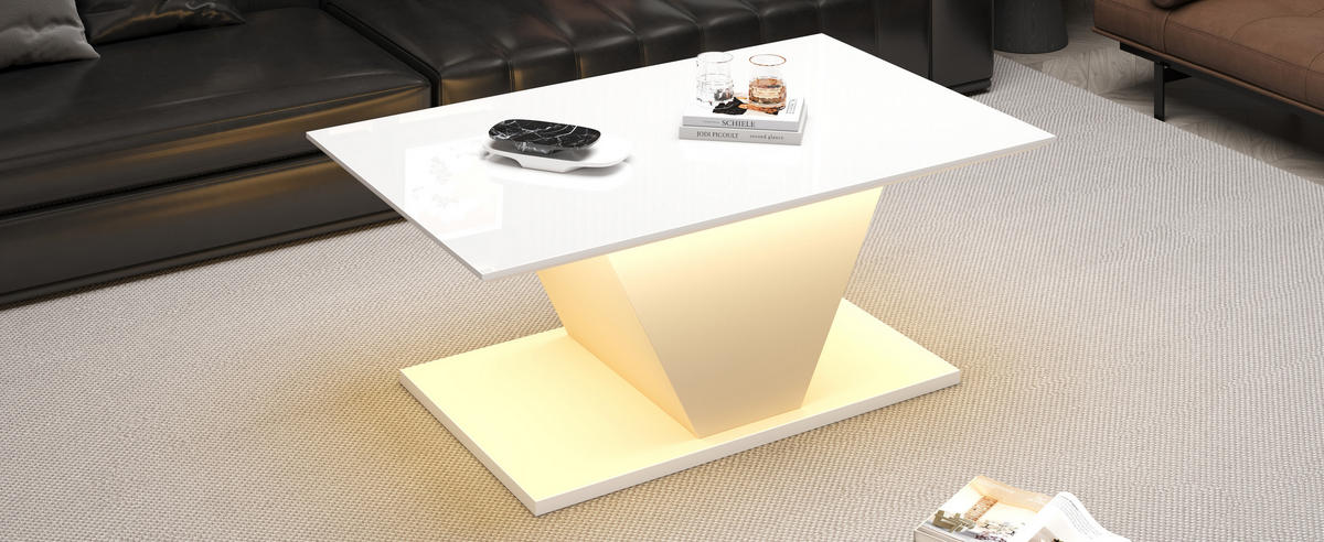 COUCHTISCH, V‑Form, weiß mit Hochglanz-Tischplatte und steuerbarer LED-Beleuchtung, 100/50/46 cm,weiß - Weiß, Holzwerkstoff (100/50/46cm) - Redom