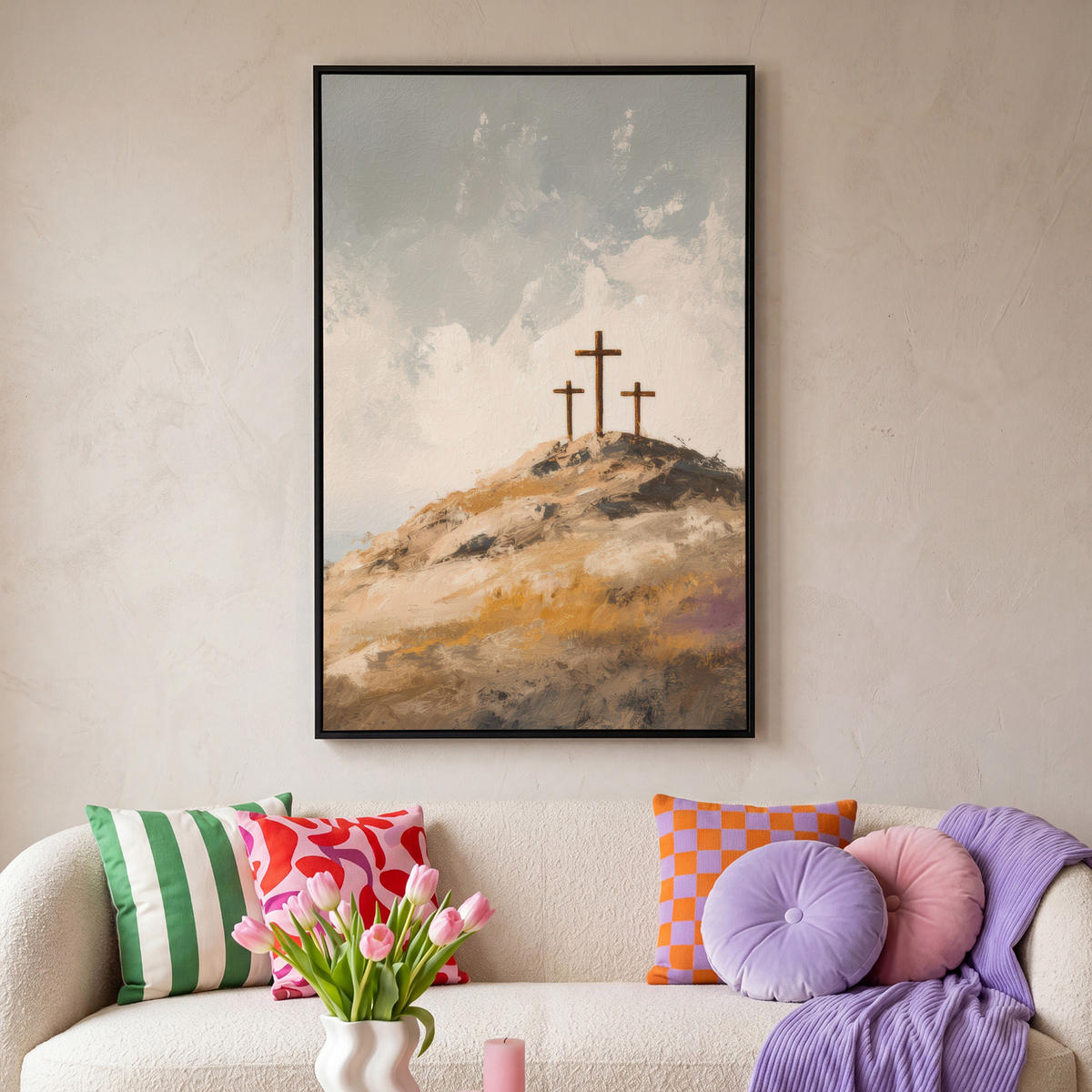 LEINWAND Bilder mit Rahmen - Hügel - Abstrakt - Christentum - Kreuz - 80x120 - Hellgrau, Textil (80/120cm) - MuchoWow