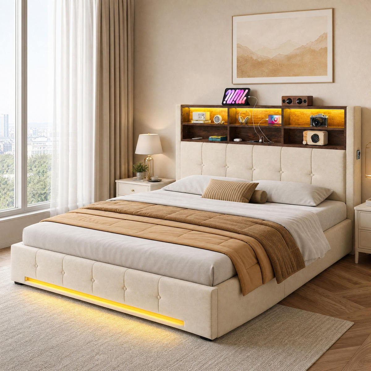 POLSTERBETT 160/200 mit 6 Fächern, USB-C, LED und hydraulischem Bettkasten in Grau - Beige, Holzwerkstoff/Textil - EVRYAE