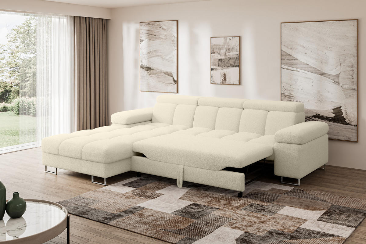 ECKSOFA mit Schlaffunktion Ottomane Links COMA L 271x203x79 Beige Bouclé - Sandfarben, Holzwerkstoff/Textil (271/203cm) - ALTDECOR