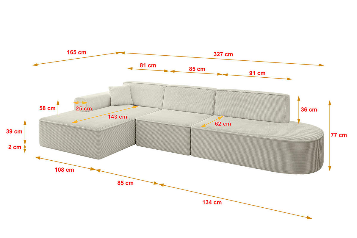 ECKSOFA Ottomane Links IREA-L2-v3 - 327x165x77 cm Hellgrau - Ecru/Beige, Holzwerkstoff/Textil (327/165cm) - ALTDECOR