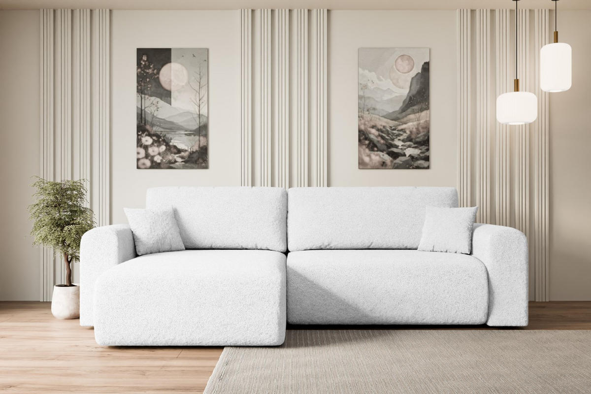 ECKSOFA mit Schlaffunktion und Bettkasten ORRO-L - 272x145x83 cm Weiß Bouclé - Schwarz/Weiß, Holzwerkstoff/Kunststoff (272/145cm) - ALTDECOR