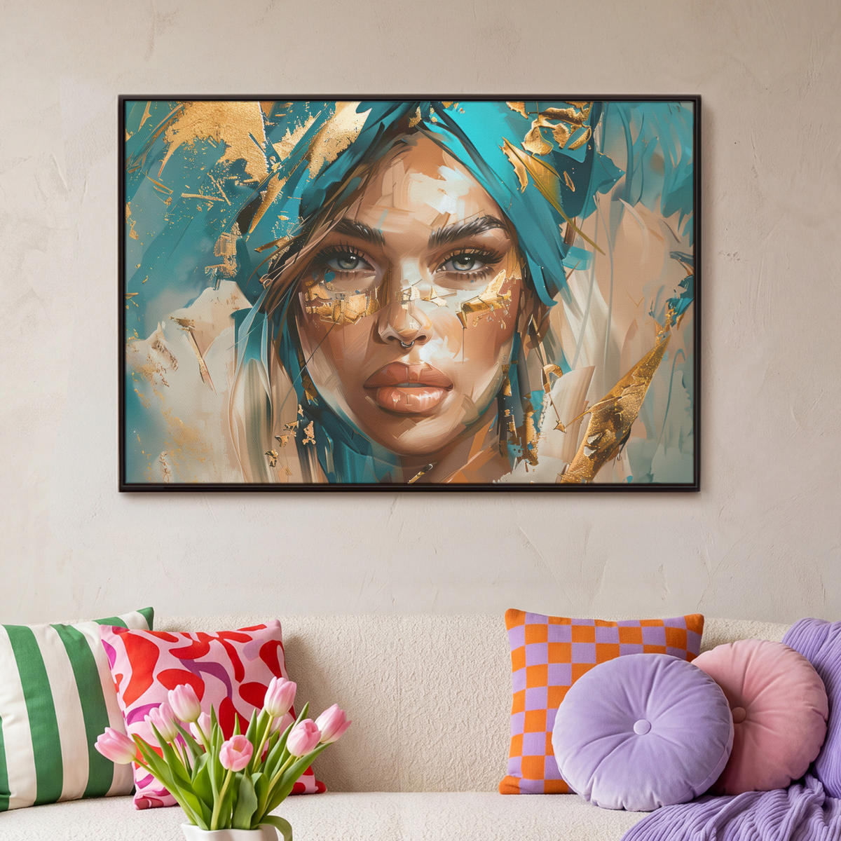 LEINWAND Bilder mit Rahmen - Frau - Porträt - Gold - Luxus - Blau - 90x60 - Türkis, Textil (90/60cm) - MuchoWow