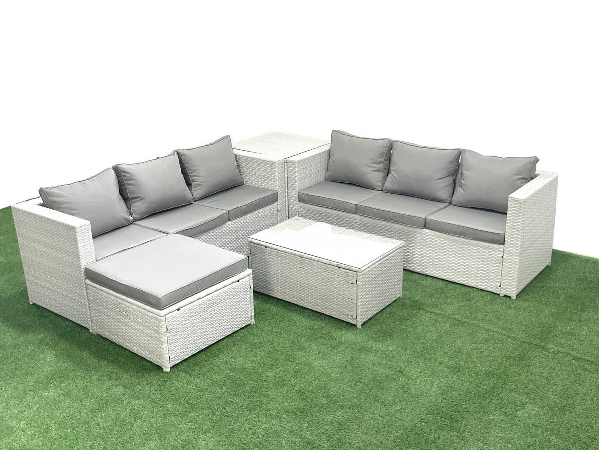 GARTENGARNITUR mit 3-SITZER SOFA,COUCHTISCH Polyrattan Hellgrau-Mix 7-Sitzer - Hellgrau/Grau, Glas/Kunststoff - Fimous