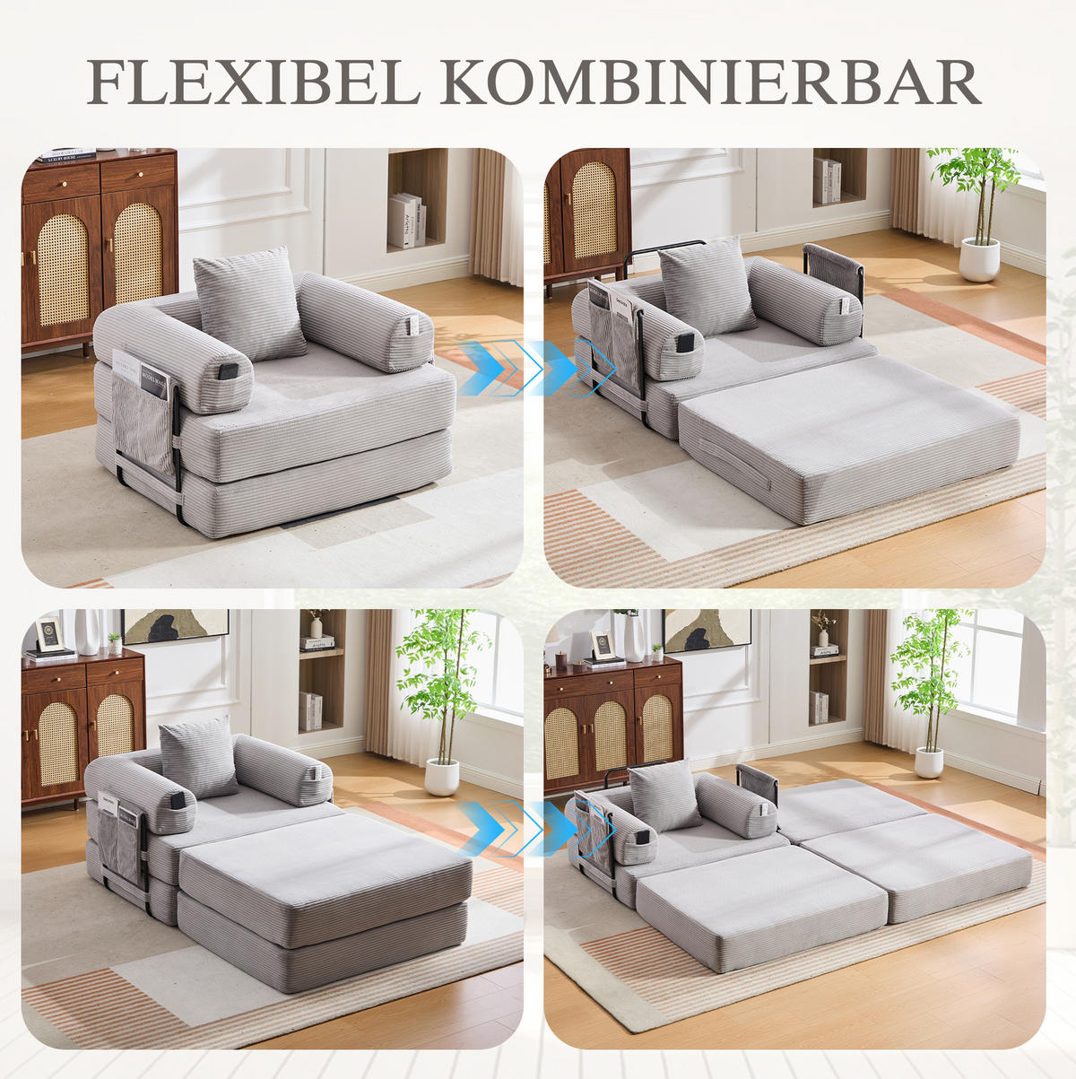 SESSEL mit Hocker aus Cord 112x190x67 cm Hellgrau flexibel kombinierbar, ergonomisch und montagefrei - Hellgrau, Textil (112/67/190cm) - Modfu