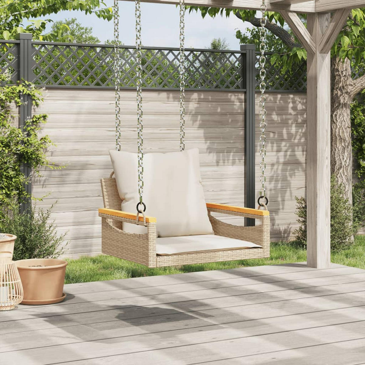 HÄNGESESSEL mit Kissen Beige 63x62x40 cm Poly Rattan - Beige, Holz (63/40/62cm) - furnicato