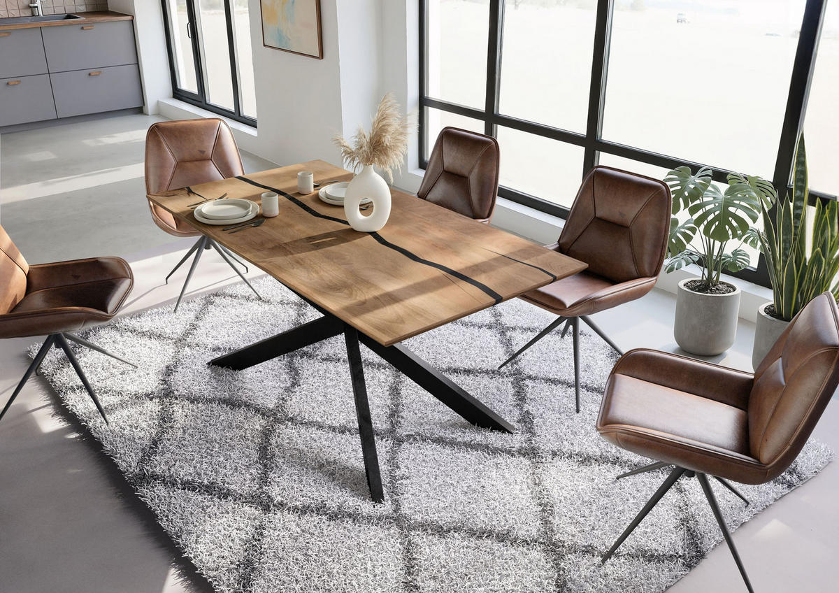 ESSTISCH Mango 180x90x76 natur lackiert / Epoxid schwarz, Kreuzgestell 2 anthrazit matt EPOXY - Naturfarben, Holz (180/90/76cm) - Massivmoebel24