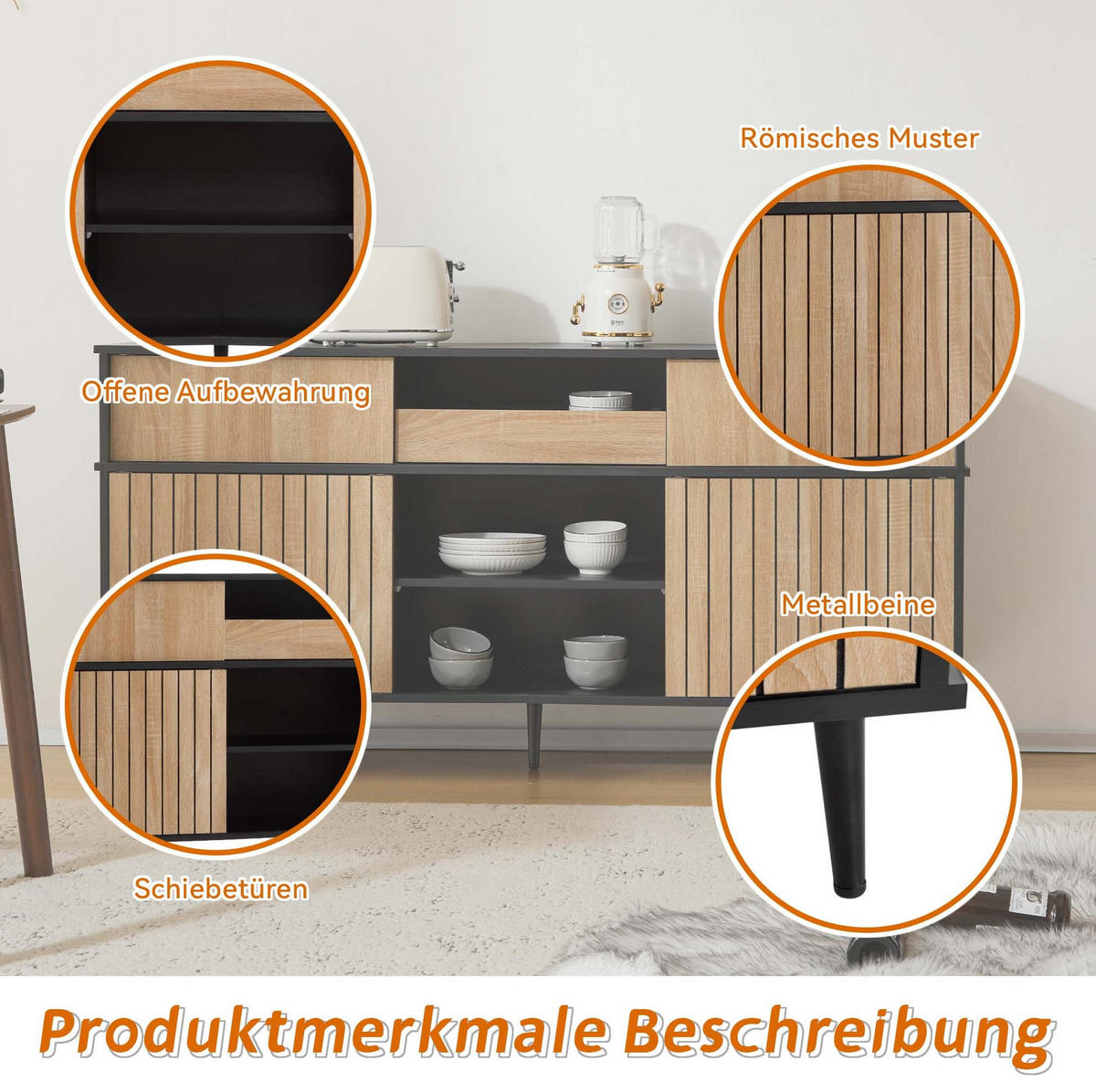KOMMODE 160/80/40 cm Schwarz/Natur aus Spanplatte mit 4 Schiebetüren - Schwarz, Holzwerkstoff (40/80/160cm) - OKMYHOME
