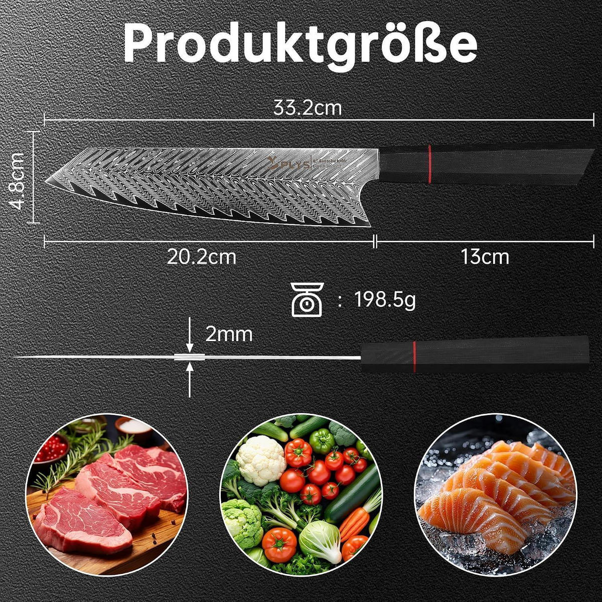 KOCHMESSER 20 cm Damaststahl VG10 Stahlkern G10 Griff Geschenkbox - Schwarz, Metall (33.7cm)