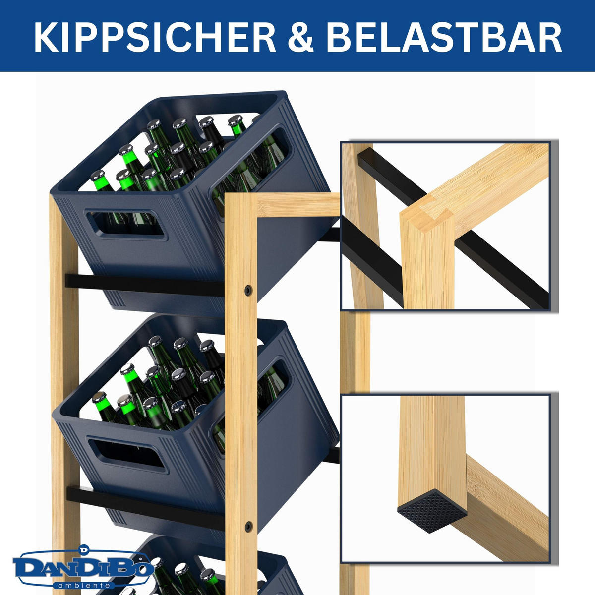 GETRÄNKEKISTENREGAL 3 Kisten Holz Bambus Metall 96656 - Edelstahlfarben, Holzwerkstoff (54/112/32cm) - DanDiBo